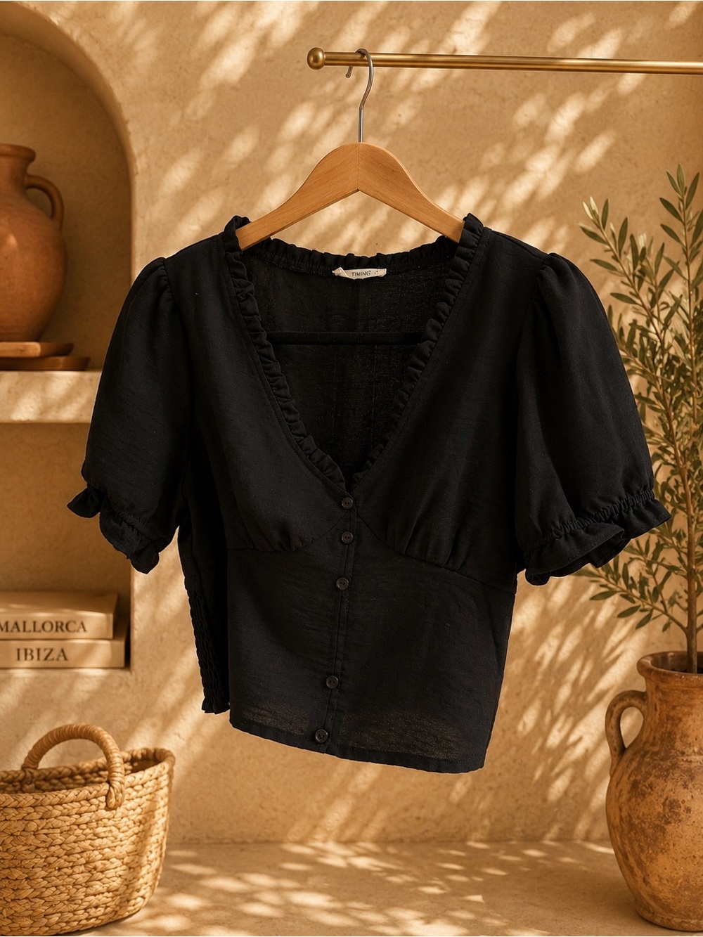 Timing Black Puff Sleeve Crop Top Size S Ruffle V-Neck Button Front